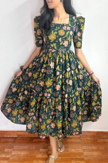 Green Floral Dress with Back Knot and Frill Hem