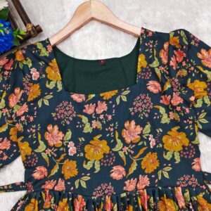 Green Floral Dress with Back Knot and Frill Hem