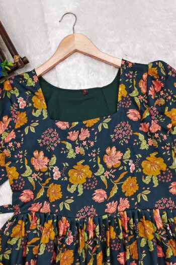 Green Floral Dress with Back Knot and Frill Hem