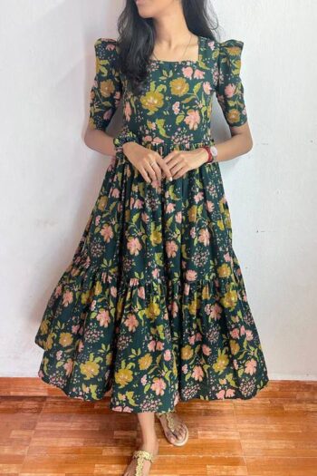 Green Floral Dress with Back Knot and Frill Hem