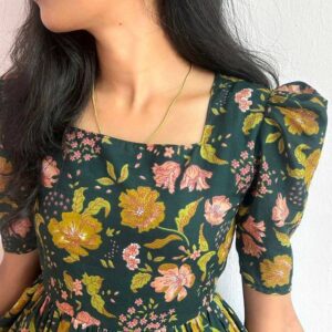 Green Floral Dress with Back Knot and Frill Hem