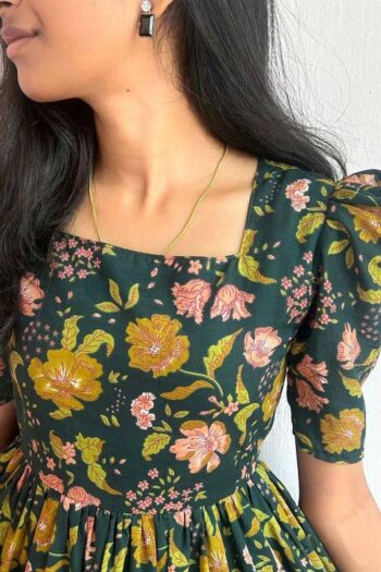 Green Floral Dress with Back Knot and Frill Hem