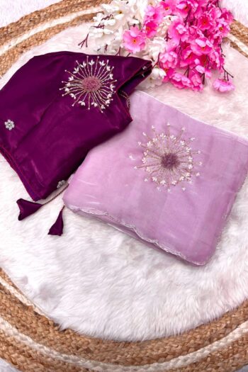Premium Jimmy Choo Satin Saree with Khatli Handwork and Arco Border