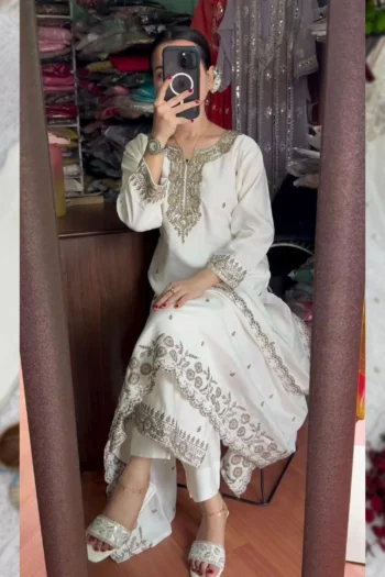 Regal Grace: Pure Chinnon Silk Embroidered Sequins Suit Set