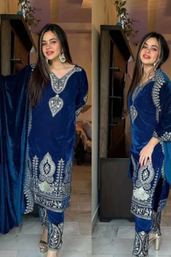Royal Radiance: Stitched Velvet Suit with Sequins Work