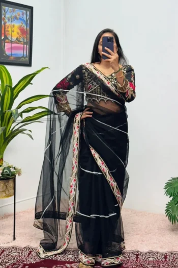 Radiance Royale: Premium Net Saree with Diamond Lace Border