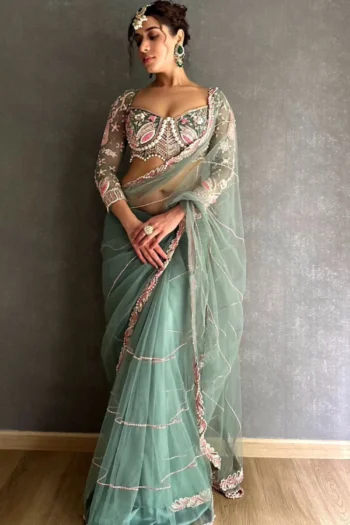 Radiance Royale: Premium Net Saree with Diamond Lace Border