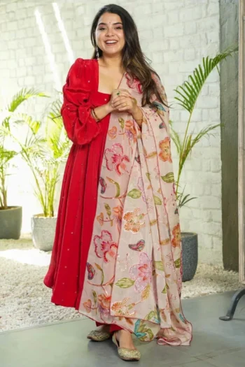 Red Georgette Embroidered Anarkali Suit & Organza Dupatta