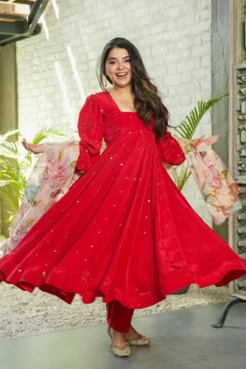 Red Georgette Embroidered Anarkali Suit & Organza Dupatta