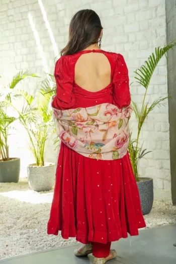 Red Georgette Embroidered Anarkali Suit & Organza Dupatta