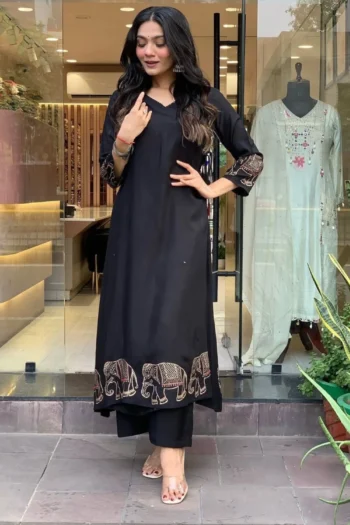 Golden Grace Black Masleen Suit with Elephant Gold Motif