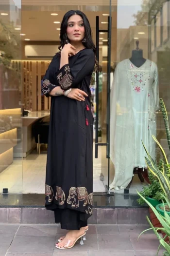 Golden Grace Black Masleen Suit with Elephant Gold Motif