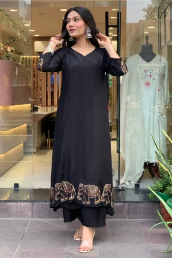 Golden Grace Black Masleen Suit with Elephant Gold Motif