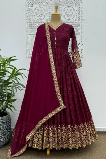 Luxury Faux Georgette Gown with Sequin Work & Embroidered Dupatta