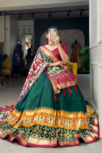 Tussar Silk Patola Print Lehenga, Foil Work & Gotta Patti Dupatta
