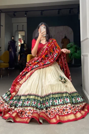 Tussar Silk Patola Print Lehenga, Foil Work & Gotta Patti Dupatta