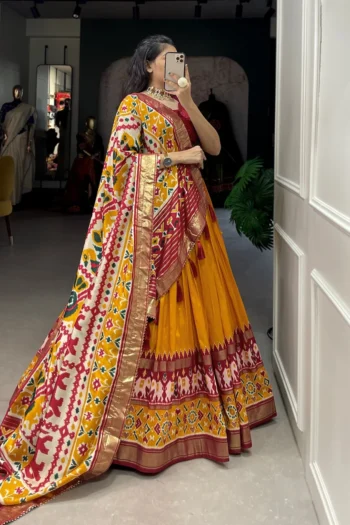 Tussar Silk Patola Print Lehenga, Foil Work & Gotta Patti Dupatta