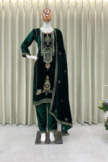 Majestic Velvet Suit: Heavy Embroidered Top, Pant, & Dupatta