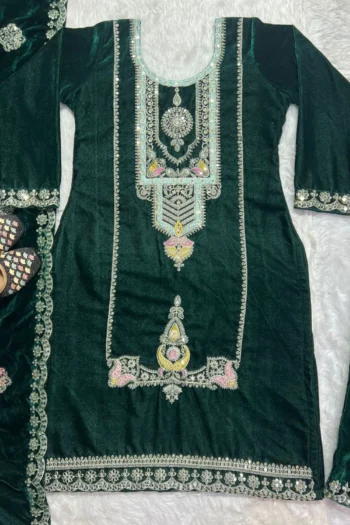 Majestic Velvet Suit: Heavy Embroidered Top, Pant, & Dupatta
