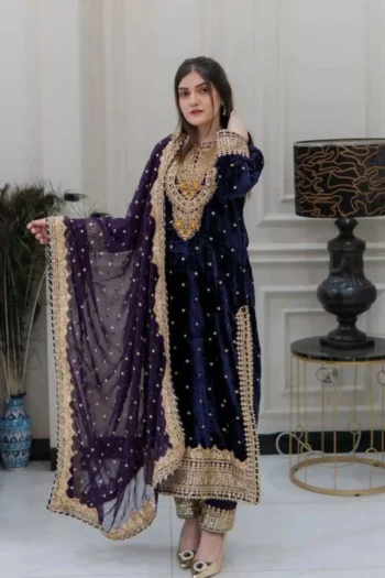 Velvet Grandeur: Party Velvet Suit with Exquisite Embroidery