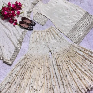 Chinon Silk Sharara Set with Heavy Embroidery & Sequins Work