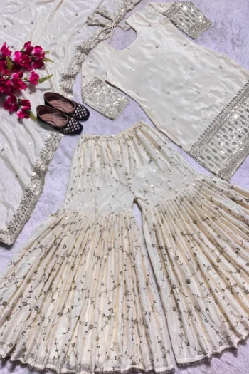 Chinon Silk Sharara Set with Heavy Embroidery & Sequins Work