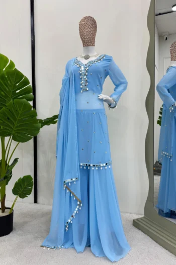 Radiant Elegance: Mirror Work Georgette Kurti, Plazzo Set