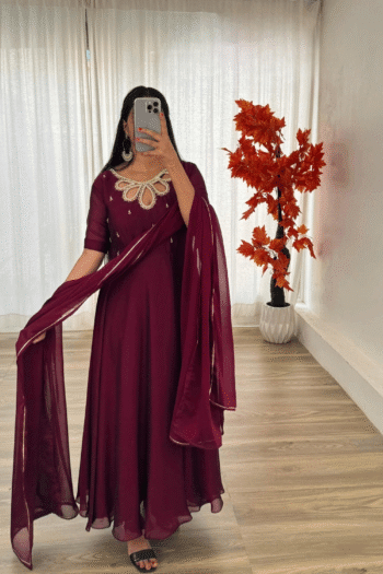 Majestic Maroon: Rangoli Georgette Gown Set with Dupatta