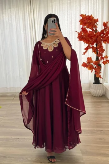 Majestic Maroon: Rangoli Georgette Gown Set with Dupatta