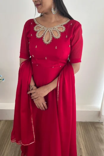 Majestic Maroon: Rangoli Georgette Gown Set with Dupatta