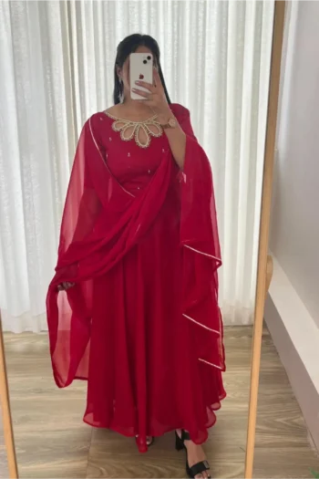 Majestic Maroon: Rangoli Georgette Gown Set with Dupatta