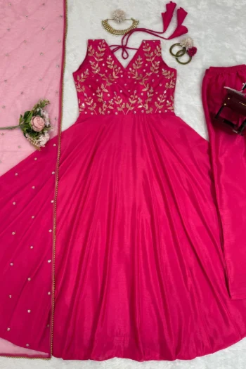 Radiant Charm: Floor Work Chinon Silk Gown with Net Dupatta