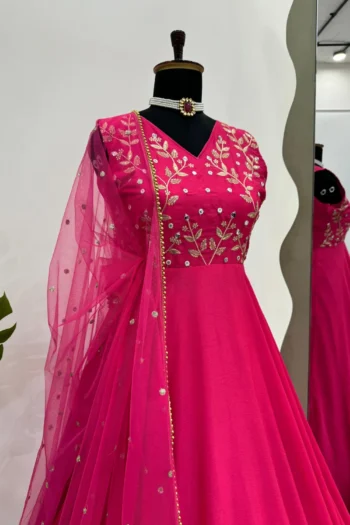 Radiant Charm: Floor Work Chinon Silk Gown with Net Dupatta
