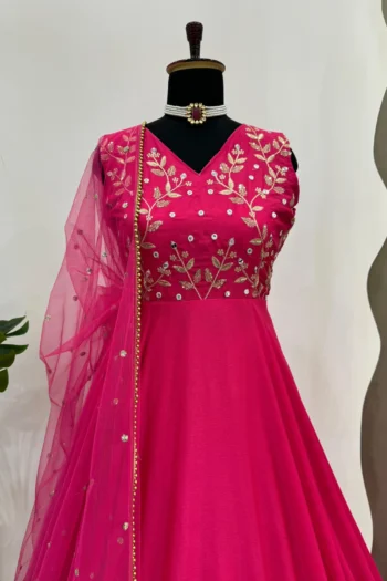 Radiant Charm: Floor Work Chinon Silk Gown with Net Dupatta