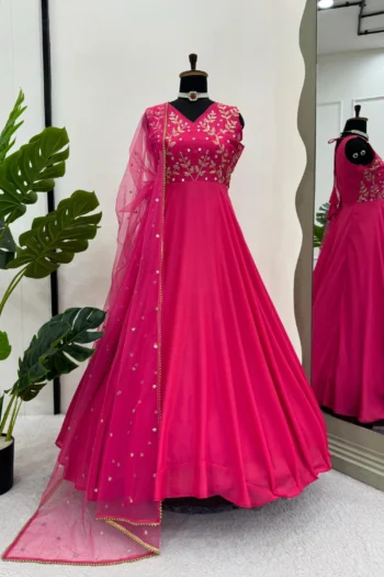 Radiant Charm: Floor Work Chinon Silk Gown with Net Dupatta