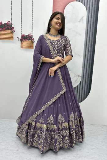 Royal Festive Georgette Gown with Embroidery & Dupatta