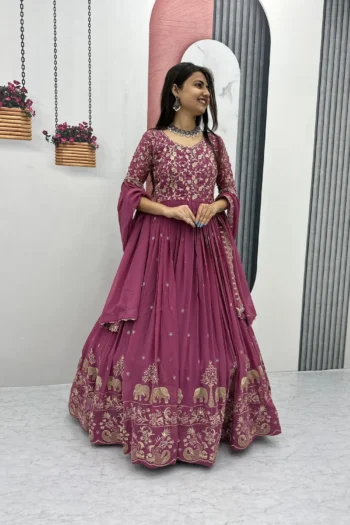 Royal Festive Georgette Gown with Embroidery & Dupatta
