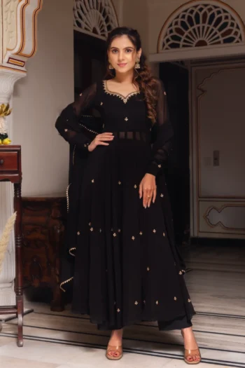 Black Georgette Anarkali Suit with Gold Handwork & Dupatta Lace