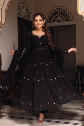 Black Georgette Anarkali Suit with Gold Handwork & Dupatta Lace