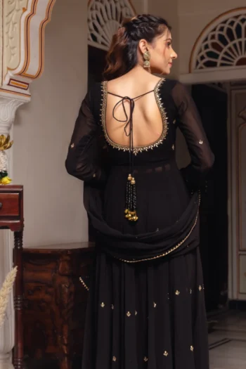 Black Georgette Anarkali Suit with Gold Handwork & Dupatta Lace