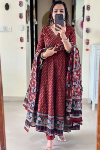 Premium Cotton Anarkali Suit with Embroidery & Lace Dupatta