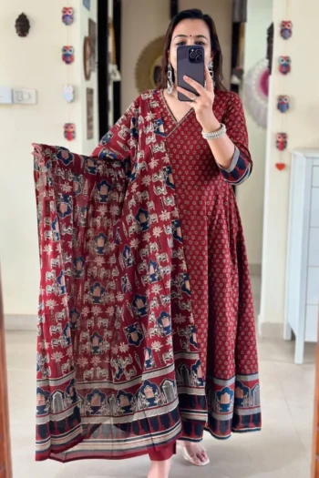 Premium Cotton Anarkali Suit with Embroidery & Lace Dupatta