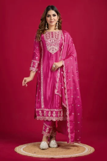 Royal Elegance: Heavy Chinon Silk Suit with Mirror & Sequin Work