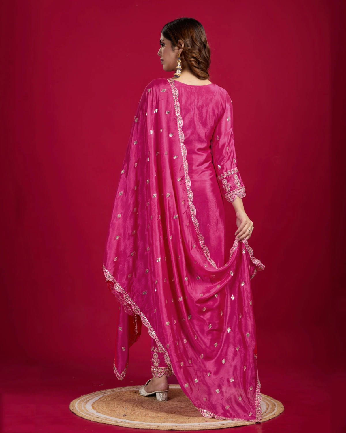 Royal Elegance: Heavy Chinon Silk Suit with Mirror & Sequin Work
