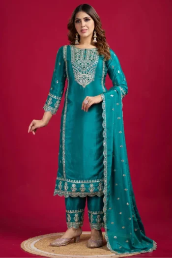 Royal Elegance: Heavy Chinon Silk Suit with Mirror & Sequin Work