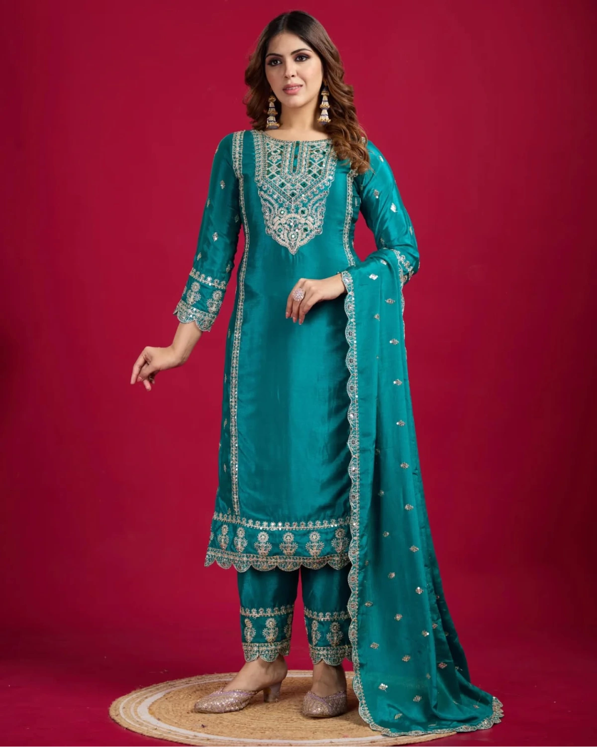 Royal Elegance: Heavy Chinon Silk Suit with Mirror & Sequin Work