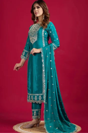 Royal Elegance: Heavy Chinon Silk Suit with Mirror & Sequin Work