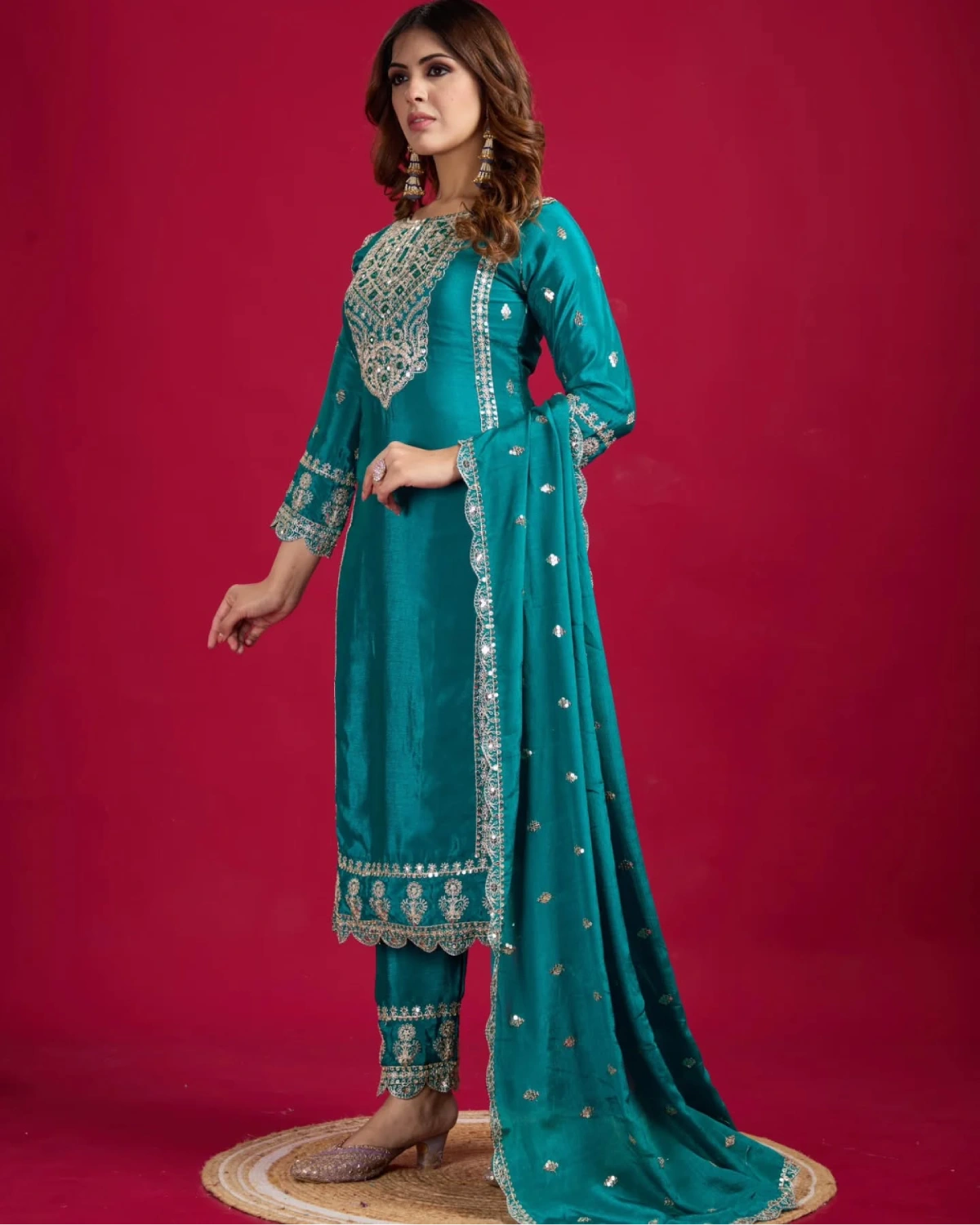 Royal Elegance: Heavy Chinon Silk Suit with Mirror & Sequin Work