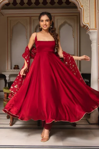 Regal Silk Anarkali Gown with Golden Sequin Embroidered Dupatta