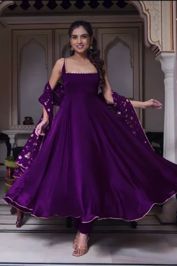Regal Silk Anarkali Gown with Golden Sequin Embroidered Dupatta